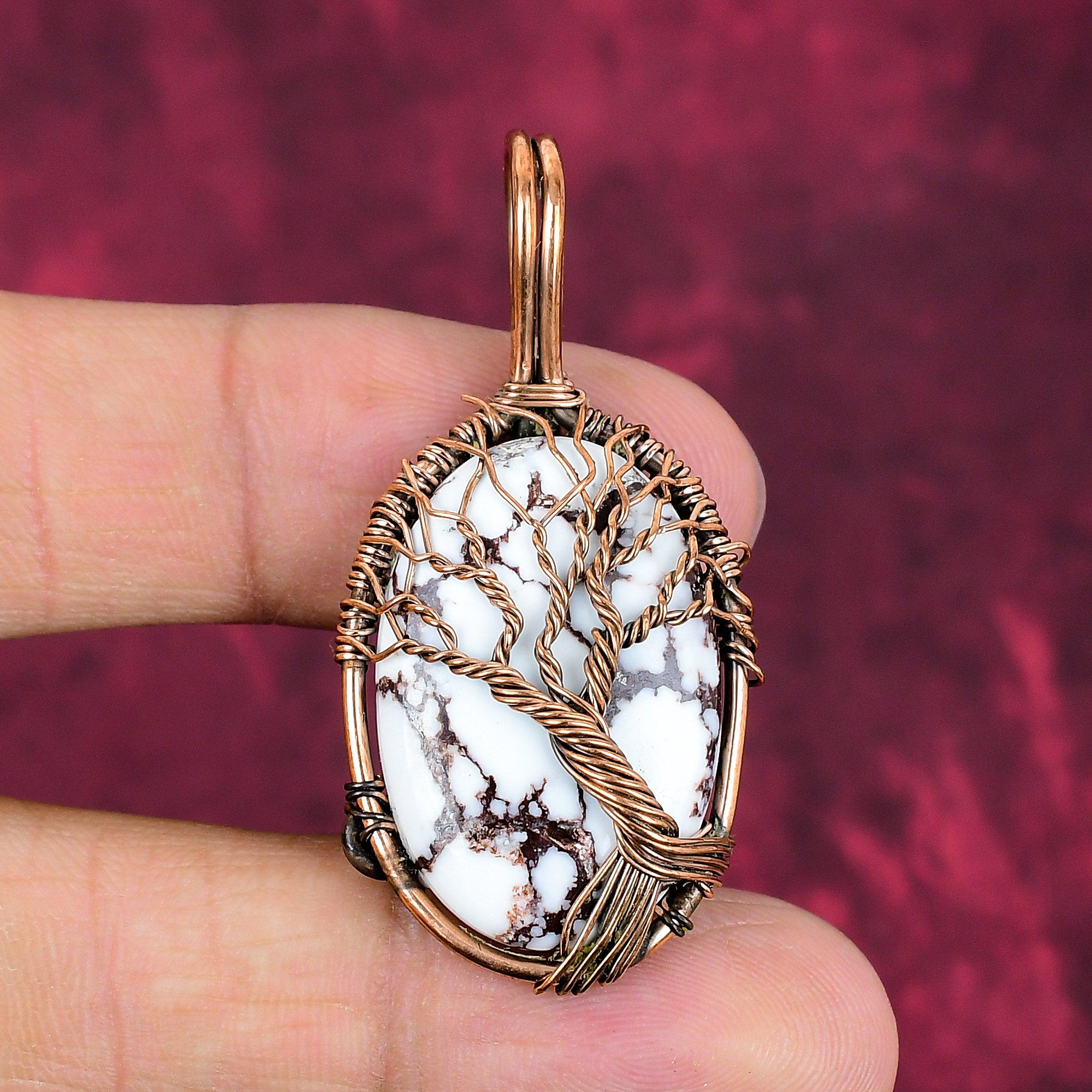 Tree Of Life Wild Horse Magnesite Gemstone Pendant Copper Wire Wrapped Pendant
