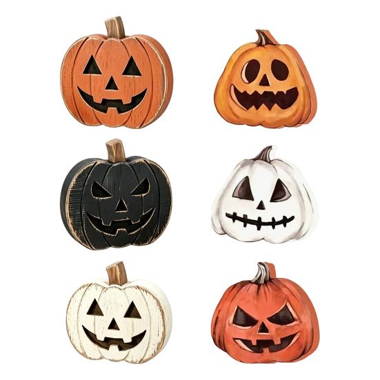 Indoor Halloween Ornaments 3Pcs Pumpkin Tabletop Decor, Rustic Face Wooden Block Small Decorative Figurines Ornaments, Farmhouse Desktop Craft