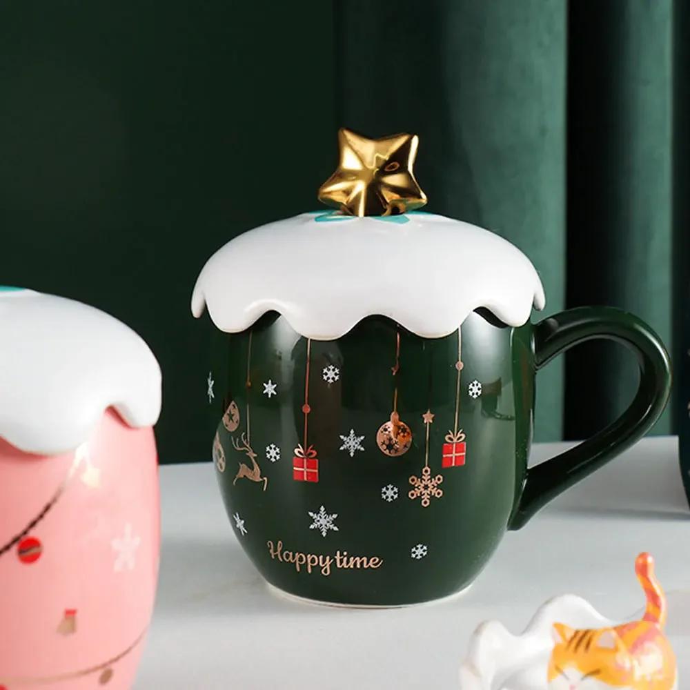 Christmas Mug With Lid And Spoon Ceramic Water Cup Cute Elk Snowflake Coffee Milk Decal Office Creative Gift For Tea Tableware