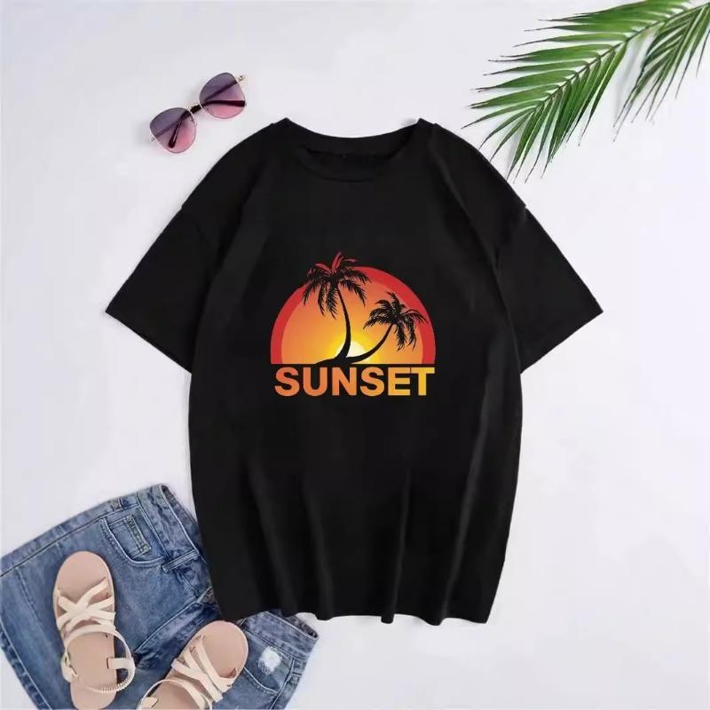 Summer Sunset Pattern Printed Cotton Short Sleeve T-shirt for Women Round Neck Top T-Shirts Women’s