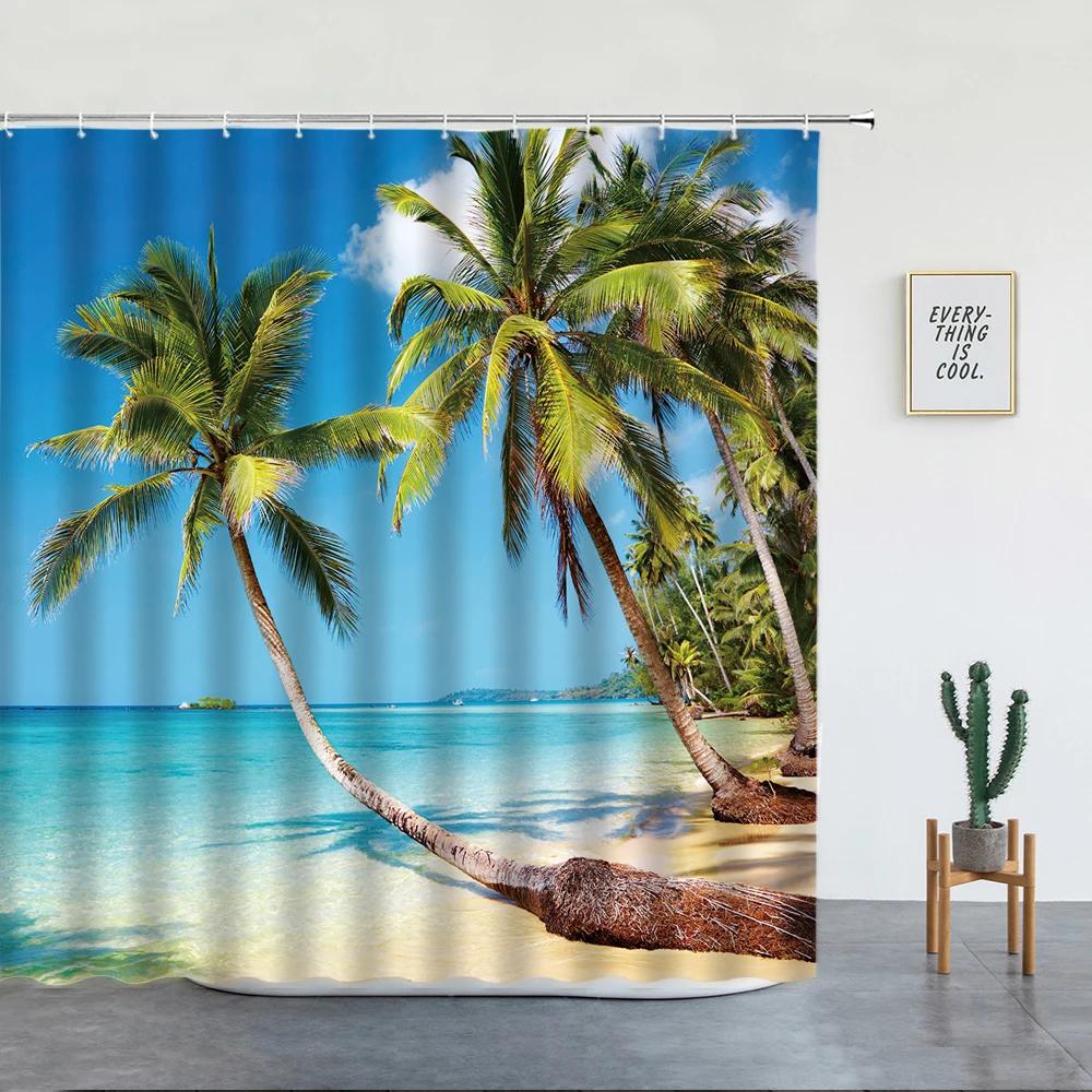 Beach Palm Trees Shower Curtains Sunset Island Hawaii Ocean Natural Landscape Polyester Bathroom Decor Cloth Bathtub Curtain Set