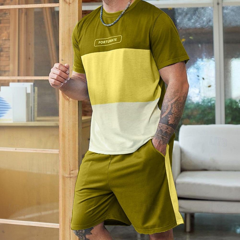 

Men s Stripes Tees sets Summer Tops Short Sleeve Short Pants Crew Neck Sport Casual Outdoor Sport Daily Print Summer XL