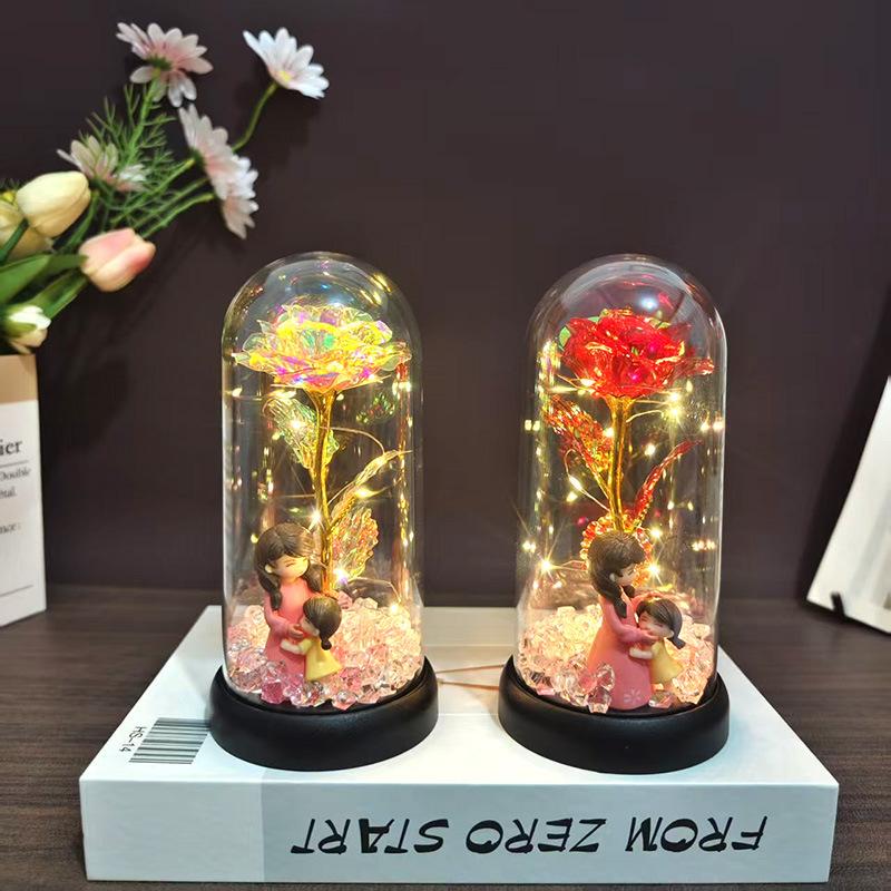 1Pcs Led Light Foil Flower In Acrylic Cover Rose Artificial Flower Acrylic Cover Decor Wedding Valentine'S Day Mother'S Gift