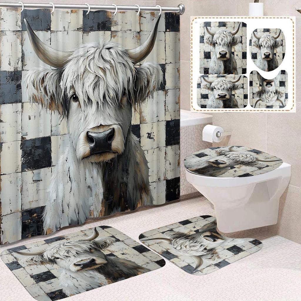 Cute Highland Cattle Printed Shower Curtain Waterproof Durable Polyester Bath Curtain For Home New Year Christmas Bathroom Decor