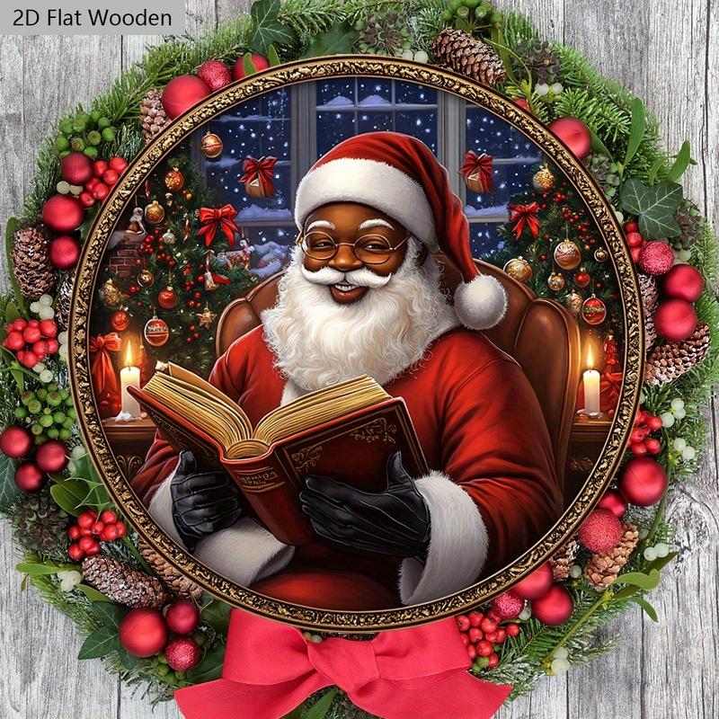 Schwarzer Weihnachtsmann Holzweihnachtsschild - Navidad Rundes Schild für Hof, Tür, Wandbehangdeko - Ideale Weihnachtsdekoration
