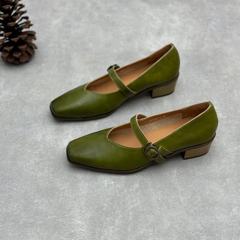 Johnature Echtes Leder Dicke Absätze Retro Damen Pumps Retro Eckige Zehenpartie Mary Jane Absatzschuhe