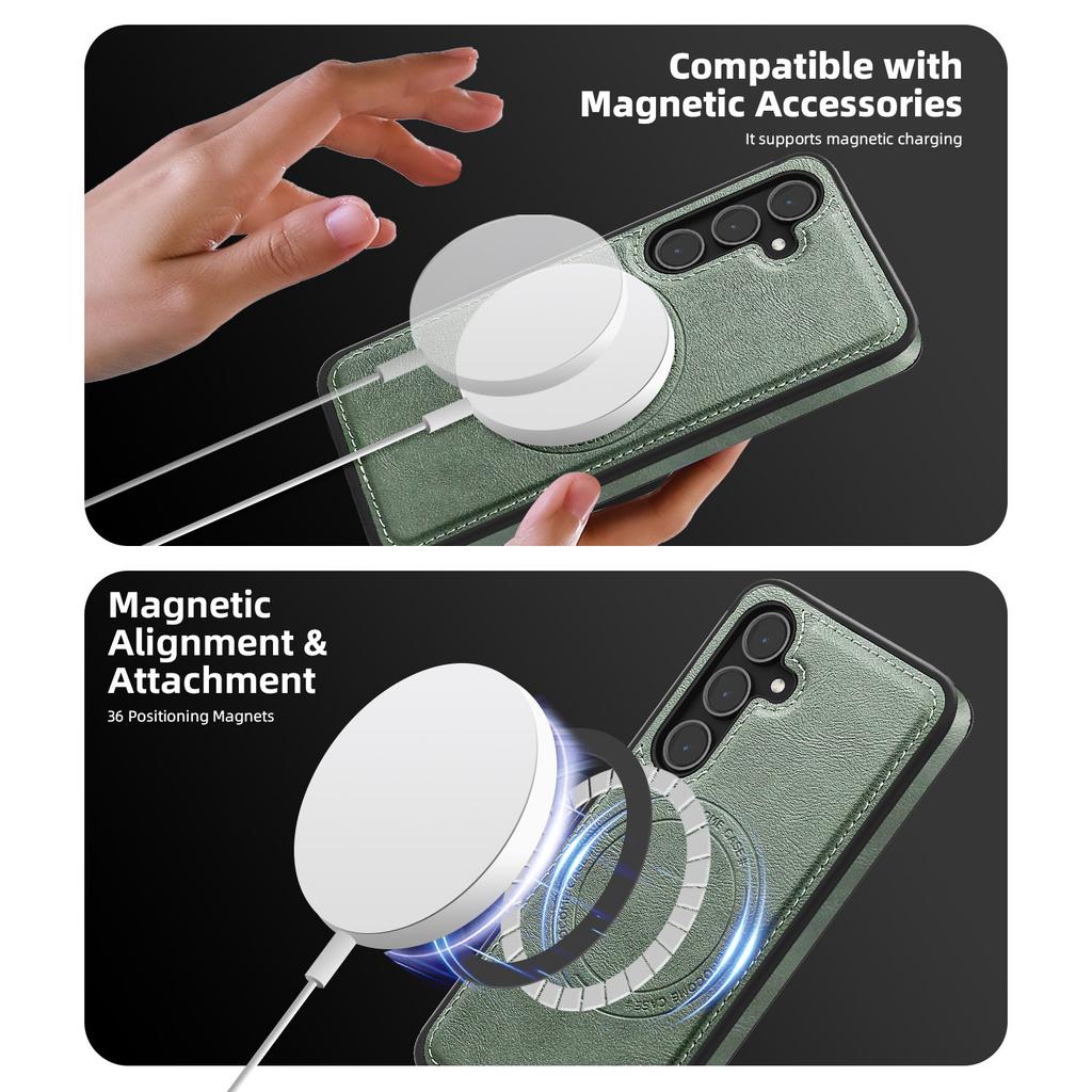 For Samsung Galaxy S25 Case Compatible with MagSafe Leather Back Phone Cover with Detachable Card Bag