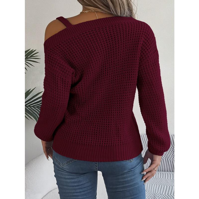VEZFAA Women's Fashion Casual Fall Winter Solid Color Print Long Sleeve Oblique Collar Sweaters