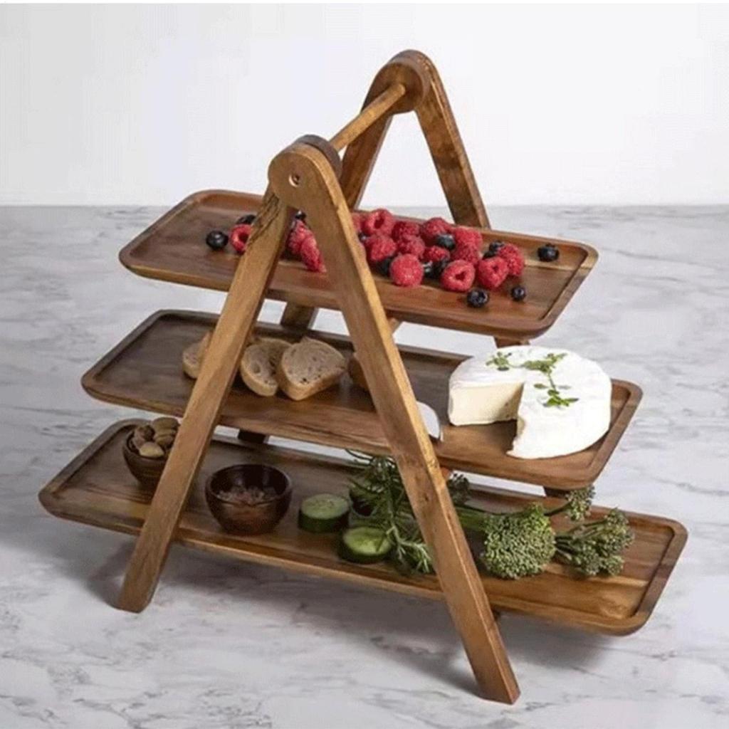 3 Tier Serving Tray 3 Tier Rectangle Wooden Plate Detachable Wood Serving Tray For Party Fruit Dessert Table Cake Snack Pastry Set