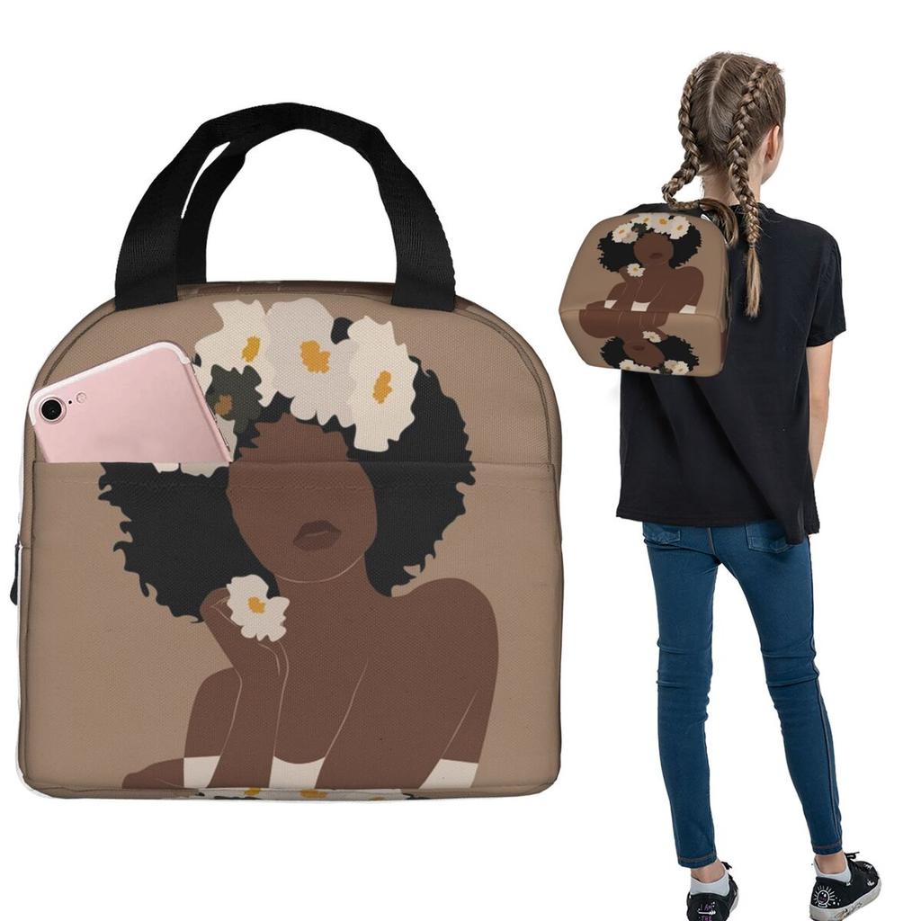 White Flower Black Woman Insulated Lunch Bag for Women Kids Portable Food Boxes Thermal Lunch Box Tote