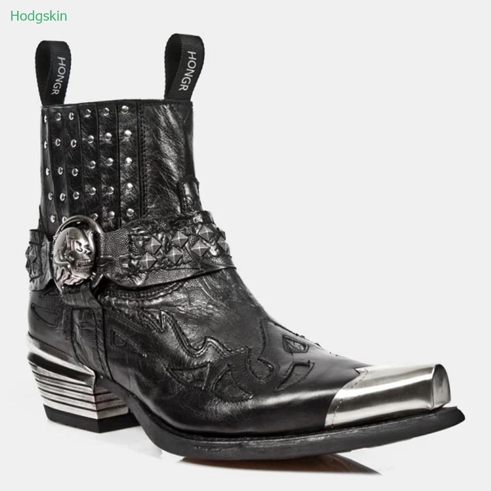 Cizme Chelsea de Toamnă cu Nituri Slip On, Decorațiune Metalică, Vârf Ascuțit, Cizme pentru Femei, Toc Gros cu Înălțime Mărită, Cizme Negre