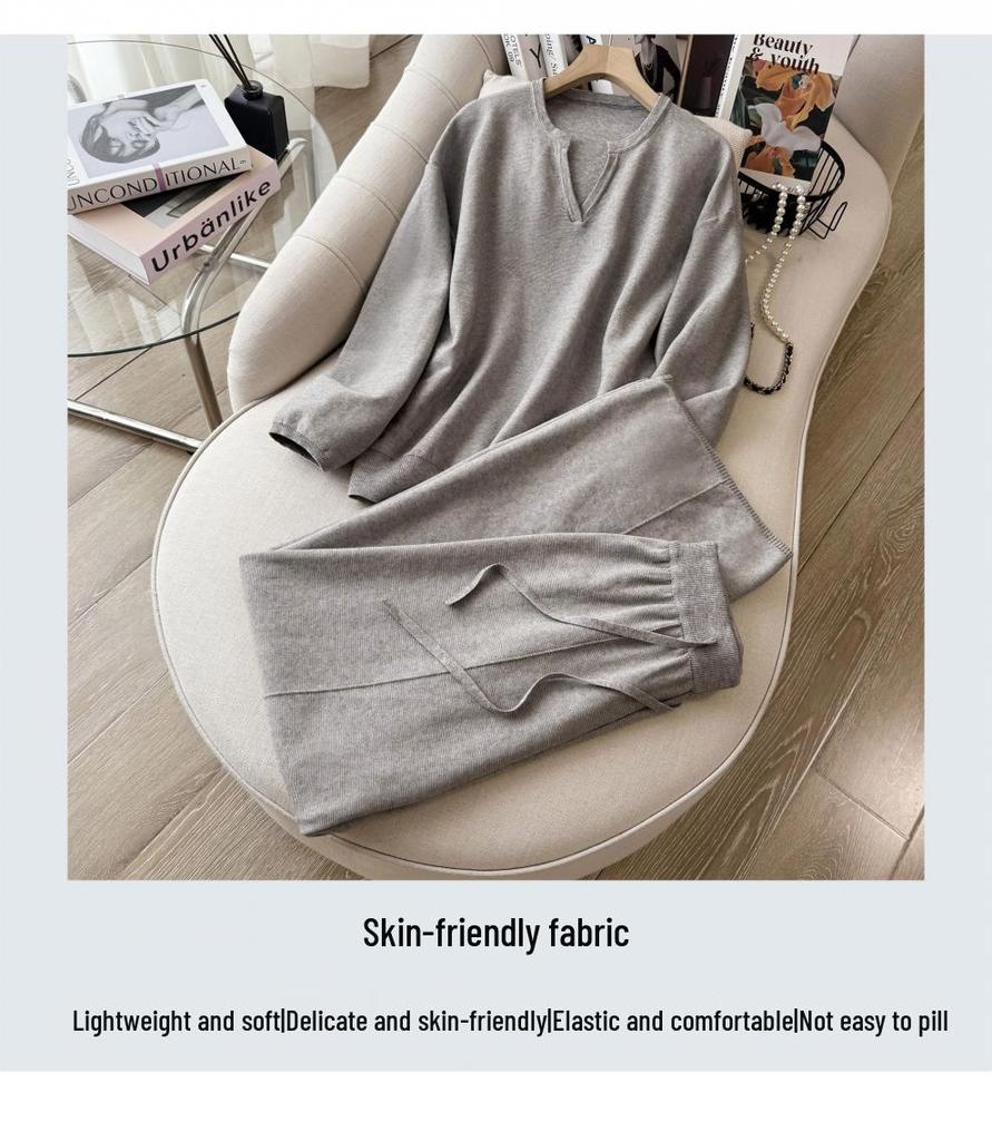 Women's V-Neck Knit Set - Autumn Fashion, Solid Color Two-Piece Trousers and Top