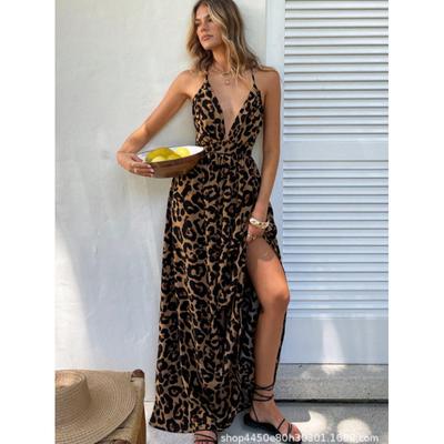 Summer New Leopard Print Suspender V-neck Elegant Dress High Waist Skirt Sexy Temperament Fashion Dress