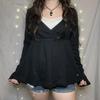 Women's Cross Neck Long Sleeve Loose Fit Solid Color Lace Trim T-Shirt Casual