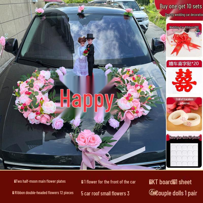Kompletna dekoracja samochodu ślubnego: Kwiat na głowę, Kwiaty na klamki i Kwiaty na samochód główny/pomocniczy