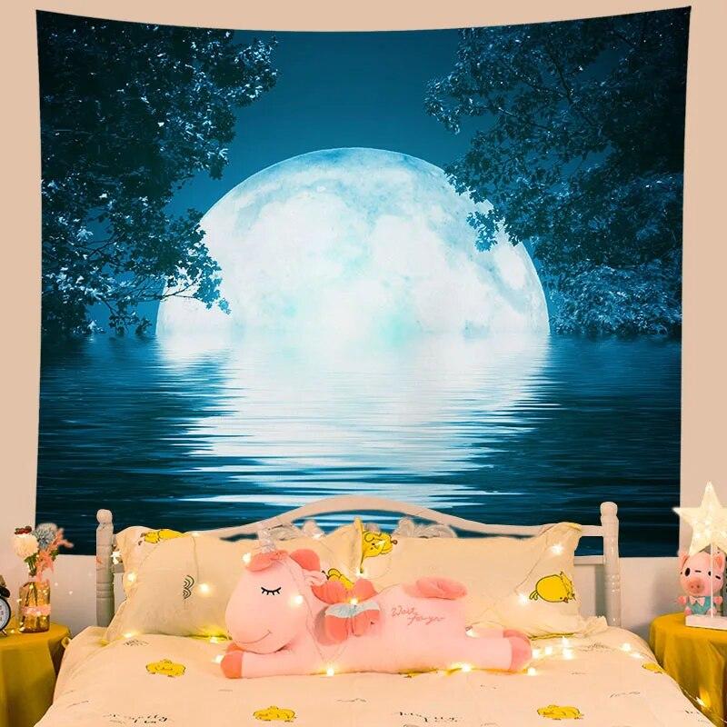 Tapestry Flower Moon Night Home Aesthetics Living Room Wall Decoration Hanging Background Cloth