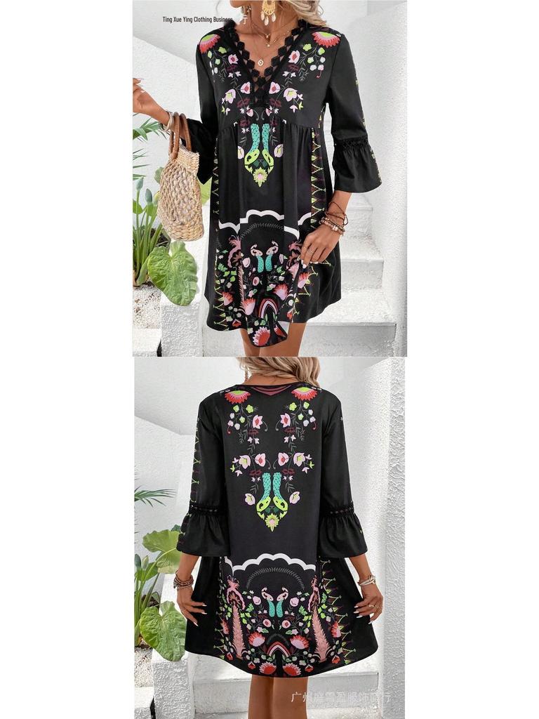 Women's Summer V-Neck Lace Patchwork Casual Printed Dress