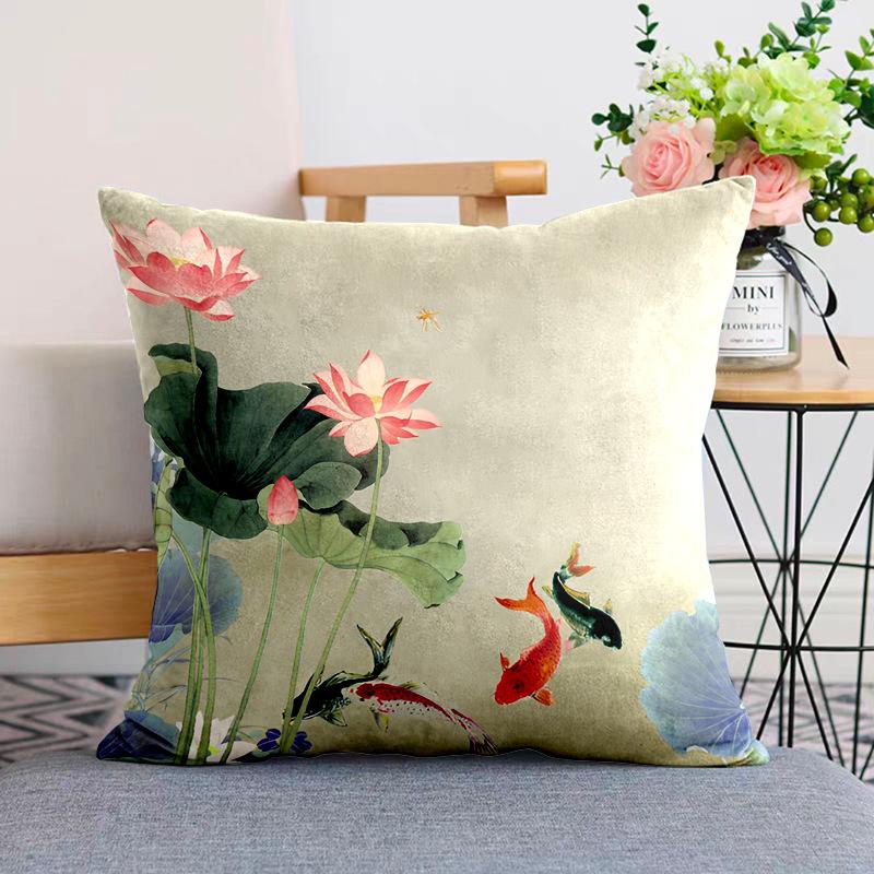 New Chinese Style Pillow Cushion Chinese Style Pillow Case Sofa Living Room Beige Lotus Zen Plush Back Pillow Case