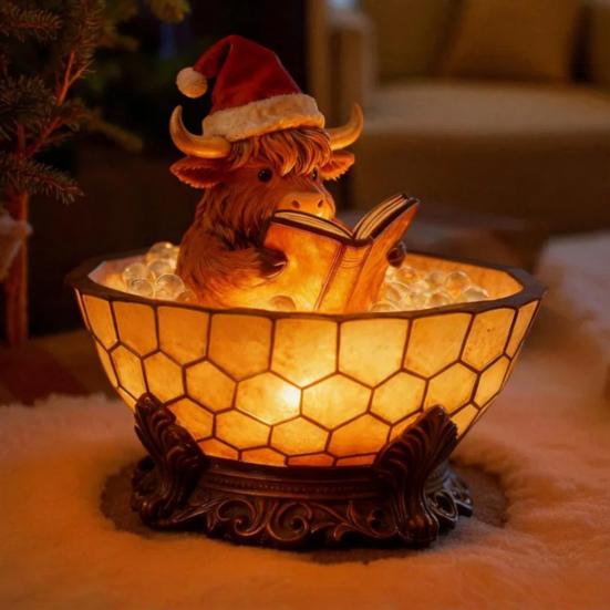 Yousheng Highland Cow Bubble Bath Night Light Cute Highland Cow Reading Book Lamp 3D Resin Bathtub Highland Cow Sculpture for Indoor Desk Table Shelf