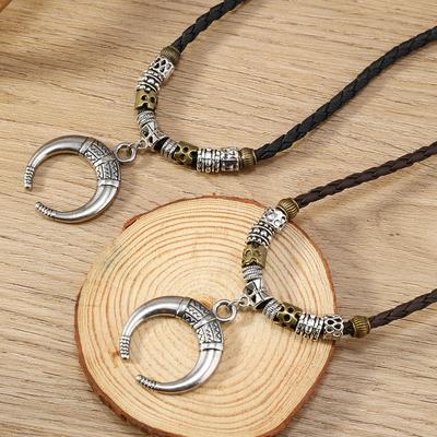 Set aus personalisierter modischer Wachsfaden-Perlenkette mit Halbmond-Anhänger aus Holzperlen