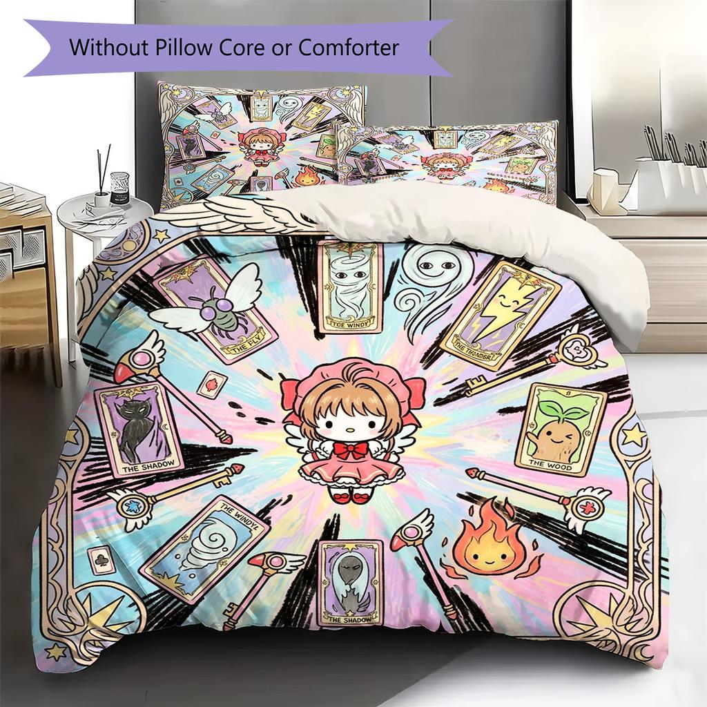 Cardcaptor Sakura Pattern Bedding Quilt Set Quilt Cover Pillowcase Home Decoration Birthday Gift (1 * Duvet Cover + 2 * Pillowcase, Without Core)