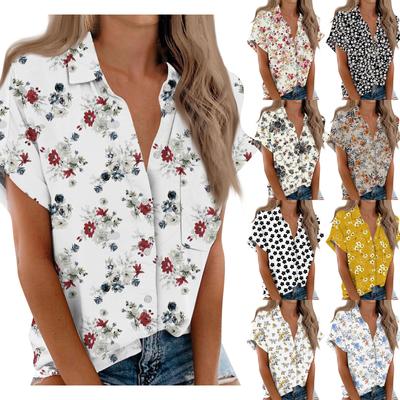 Camisa feminina de manga curta, blusa com botão estampado na moda diária, cardigã com bolso no peito