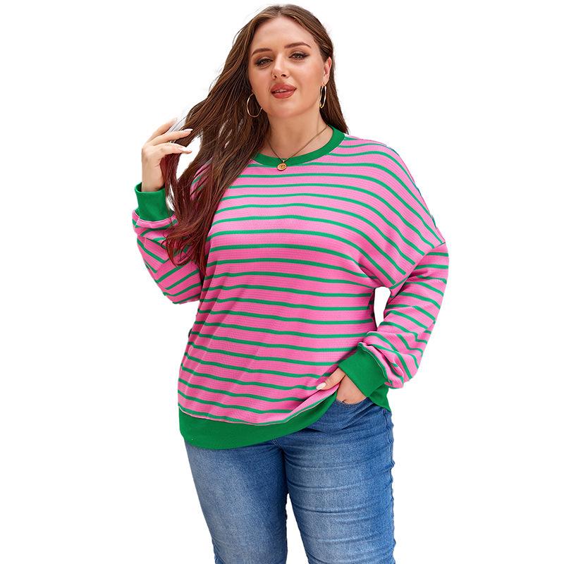 

Women s Plus Size Color Block Striped Pullover Hoodie, Autumn/Winter 2025 Casual Loose Fit, Round Neck, European American Style. 3XL