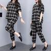 Women's Plaid Two-Piece Set: Summer Plus Size Casual Short Sleeve Top and Nine-Point Pants
