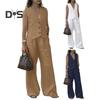 2 buc/set femei vestă pantaloni costum cu decolteu în V adânc, fără mâneci, culoare solidă, pantaloni cu talie înaltă, pantaloni largi, ținută ocazională, haine de vară birou OL