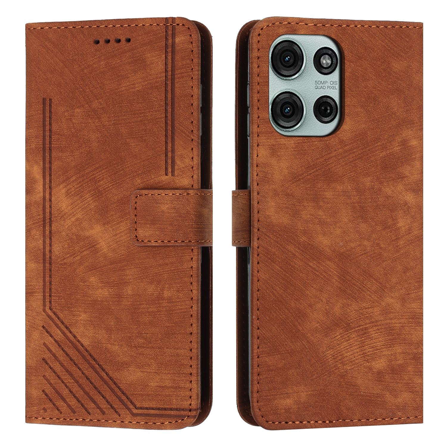 

For Motorola Moto G86 Power 5G/Motorola Moto G86 5G Stand Case Imprinted Lines Leather Phone Cover Brown