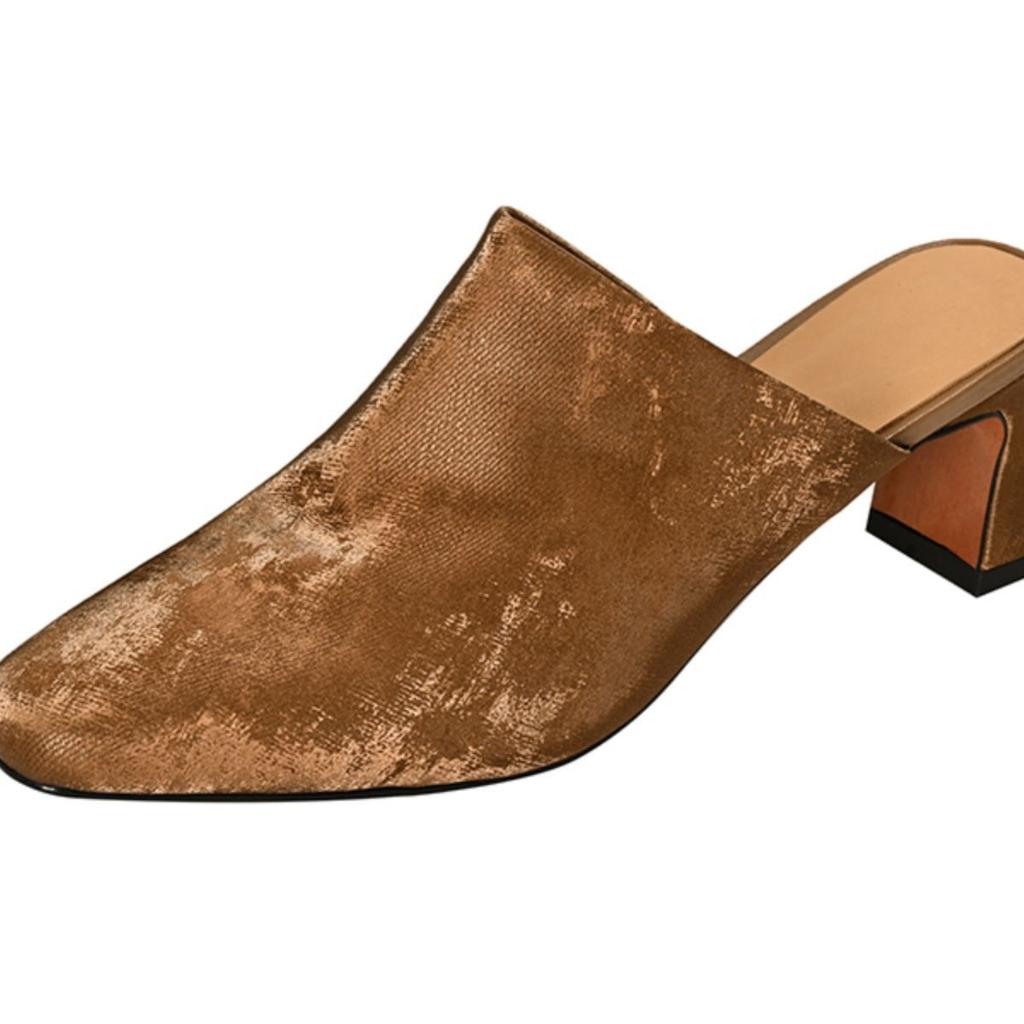 Silk Cool Slippers Women's 2025 Spring and Summer New Outer Wear Thick Heel Brown French Casual High Heel Slippers Bag Head Half Drag