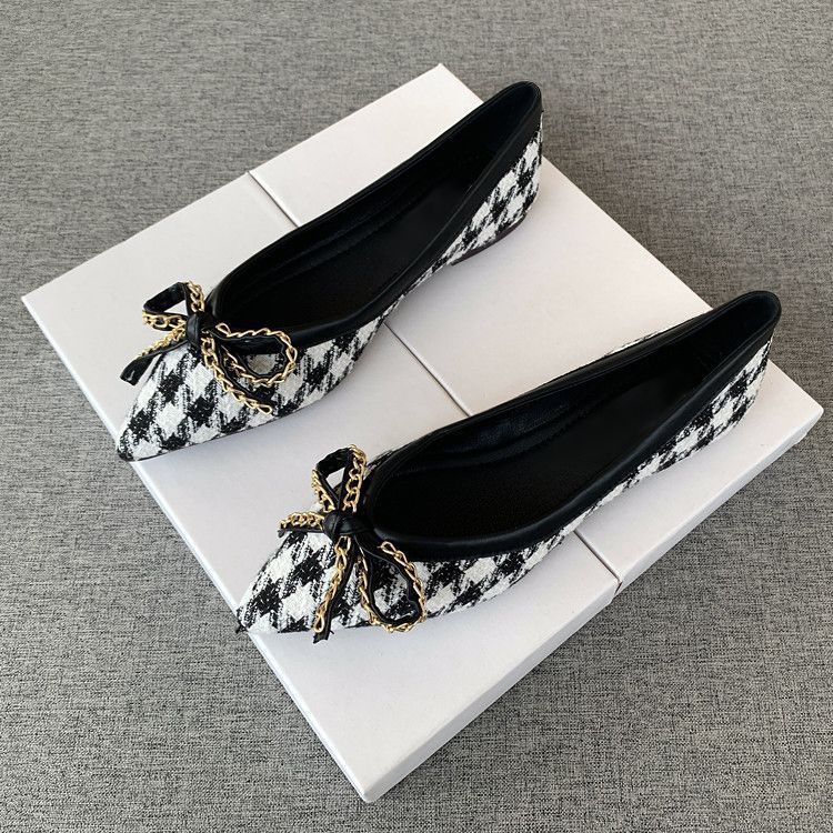 Pointed Flat-soled Single Shoes Women's New Thousand Bird Grid Bow Lady Shoes Comfortable Versatile Soft Sole Four-season Ladyshoes