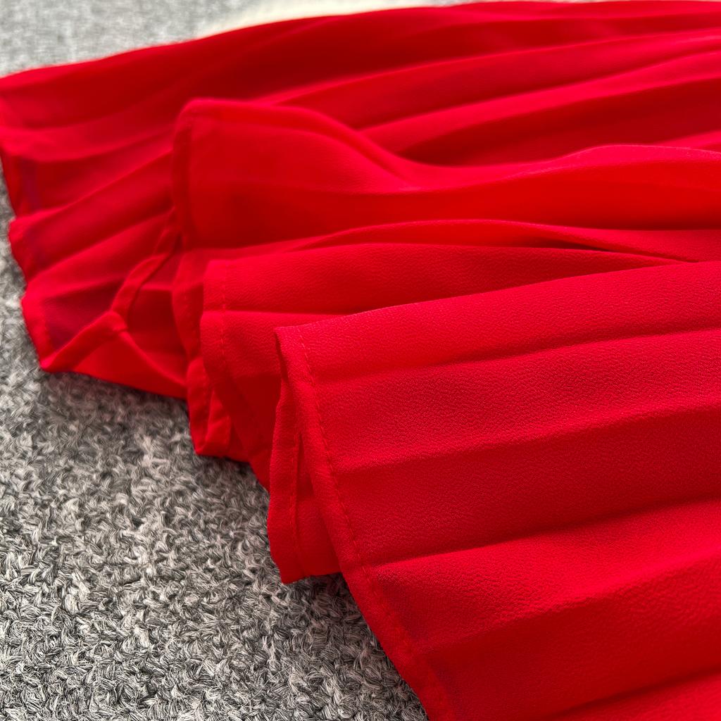 Spring Autumn Woman Dress New Flower Round Ne Seven-Quarter Sleeve Waist-Cinching Pleated Dresses for  Women Slimming Gown