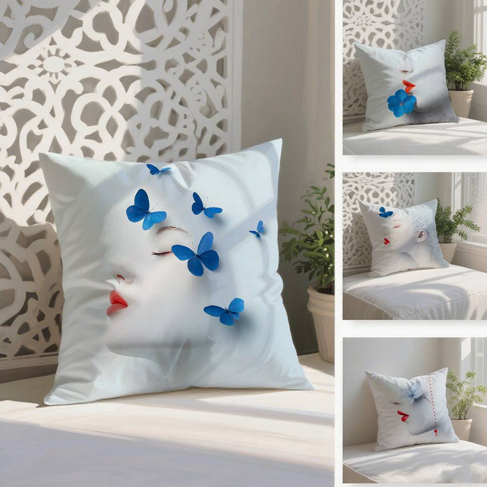 Girl with Blue and Lips Pillow Case Anti-dustmite Pillowcase Invisible Zipper Silky Short Plush Sofa Cushion Cover