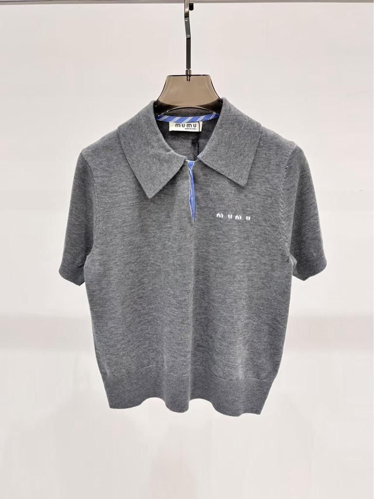 2024 Autumn Simple College Embroidered Short-Sleeve Polo Collar Knit Top