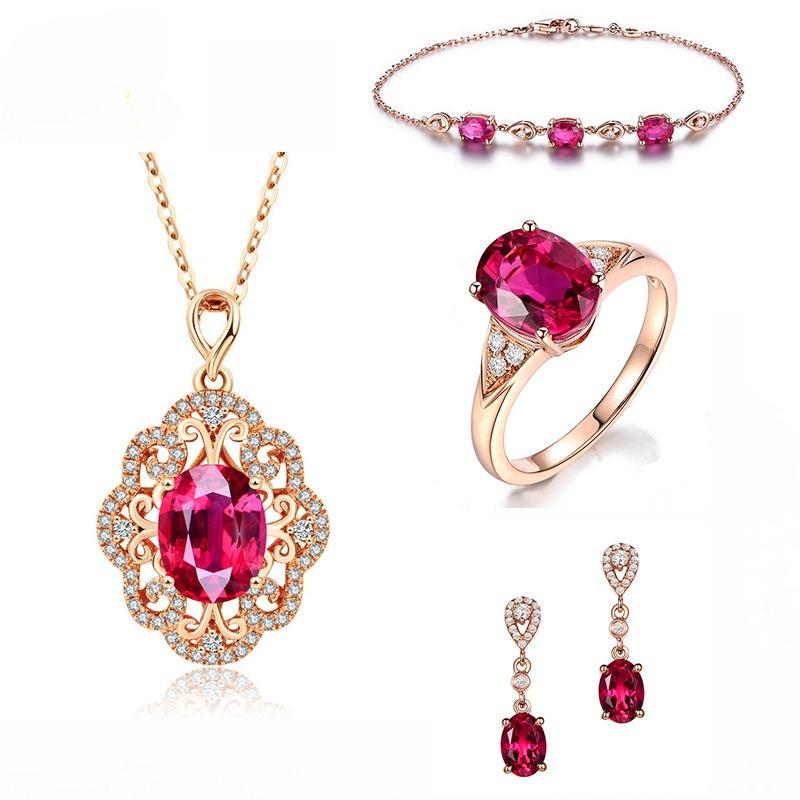 Europe, America, Zircon Necklace, Silver-plated Rose Gold Pigeon Blood Red Ring Set, Red Tourmaline Jewelry Set 2026. Resizable