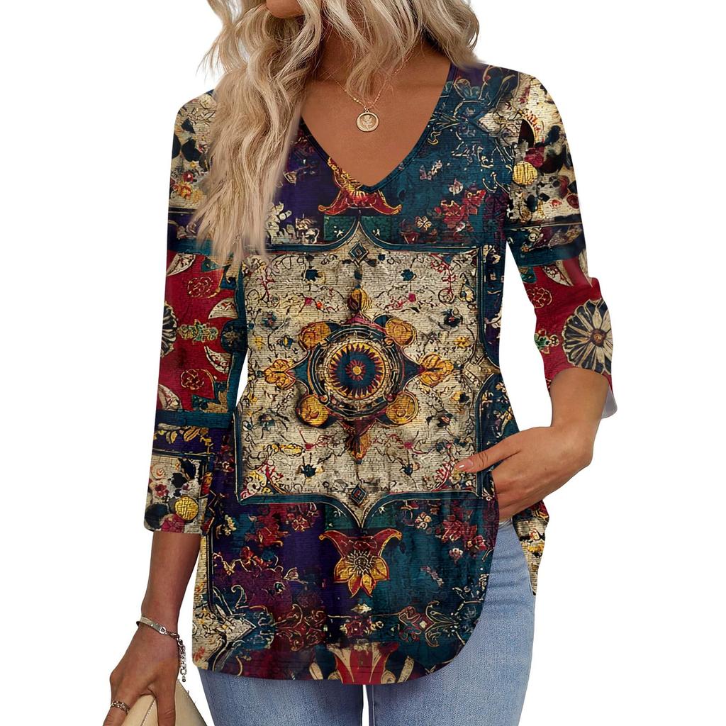 Women's T Shirt Print 3/4 Sleeve Fashion Basic V- Neck Regular Top