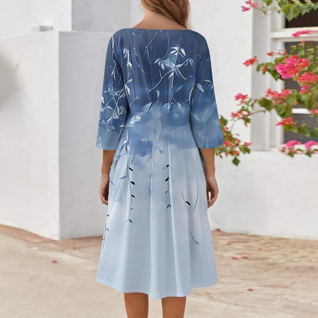Women's Casual Fashion Round Neck Three Quarter Sleeve Print Midi Dress