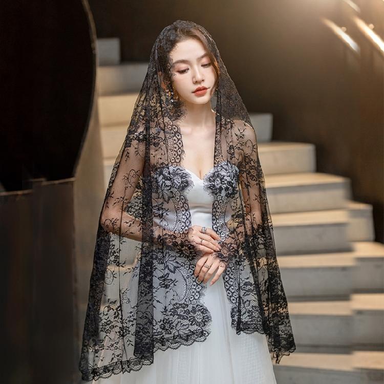 Lace Border Bridal Veil Halloween Make Up Mantilla Length Appliques Elegant Veil for Catholic Prayer Service