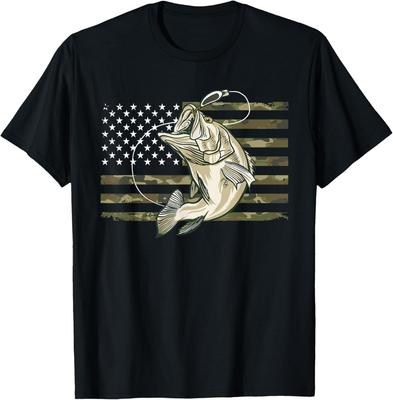 Wędkarska Kamuflażowa Flaga USA Amerykańska Bass Rybak Camo Koszulka Unisex Koszulka