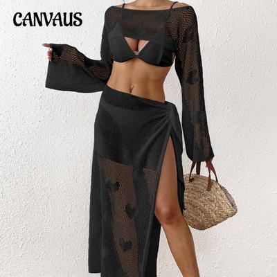 Női Strand Szexi Üreges Szív Jacquard Szövött Blúz Blúz Pántos Szoknya Kétrészes Szett