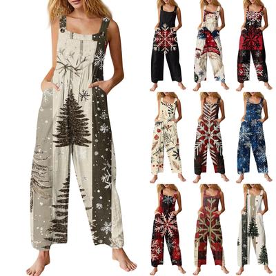 Women's Fashion Christmas Print Casual Vintage Sleeveless Button Jumpsuit