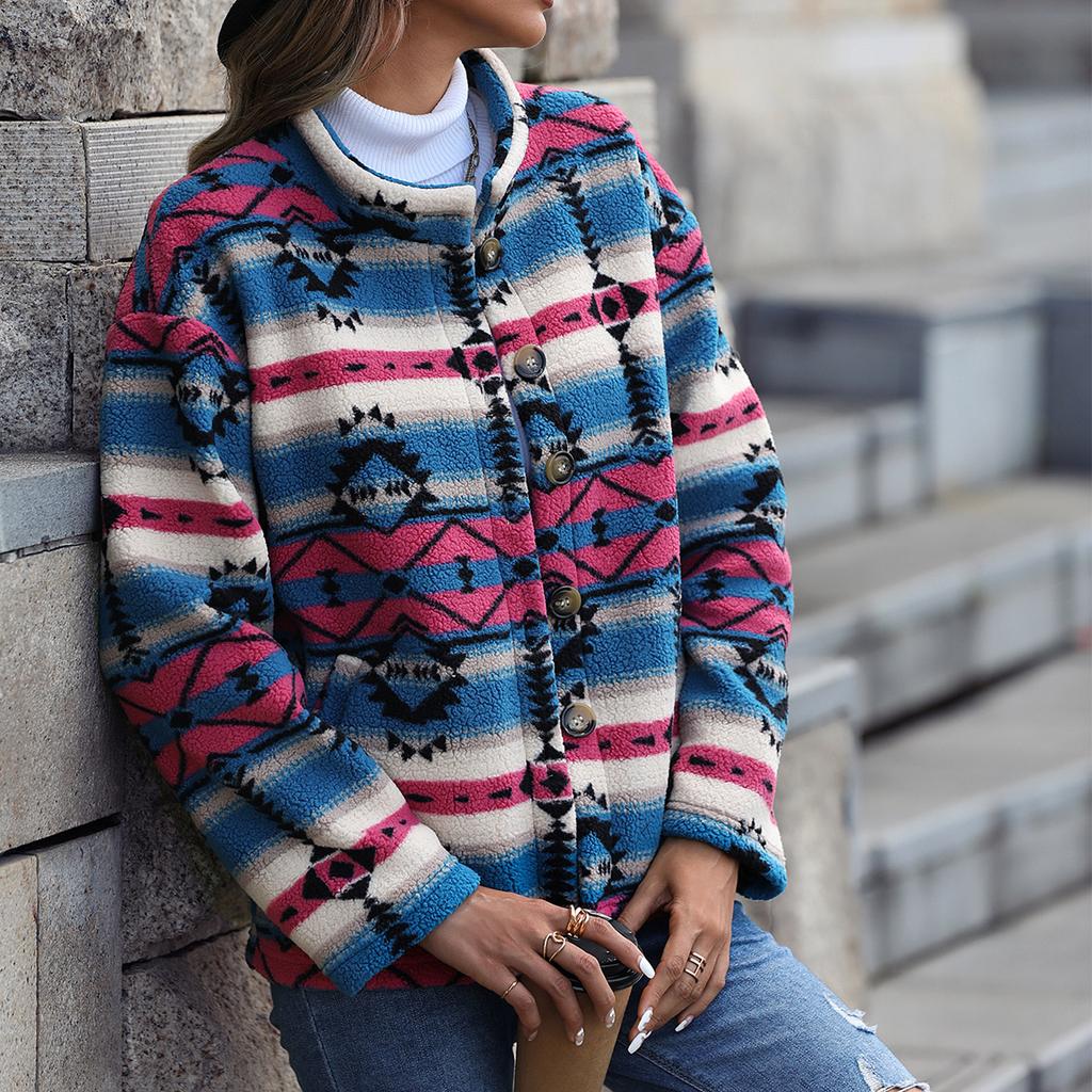 Womens Aztec Shacket Jacket Geometric Patterns Long Sleeve Button Down Fleece Short Coat for Home