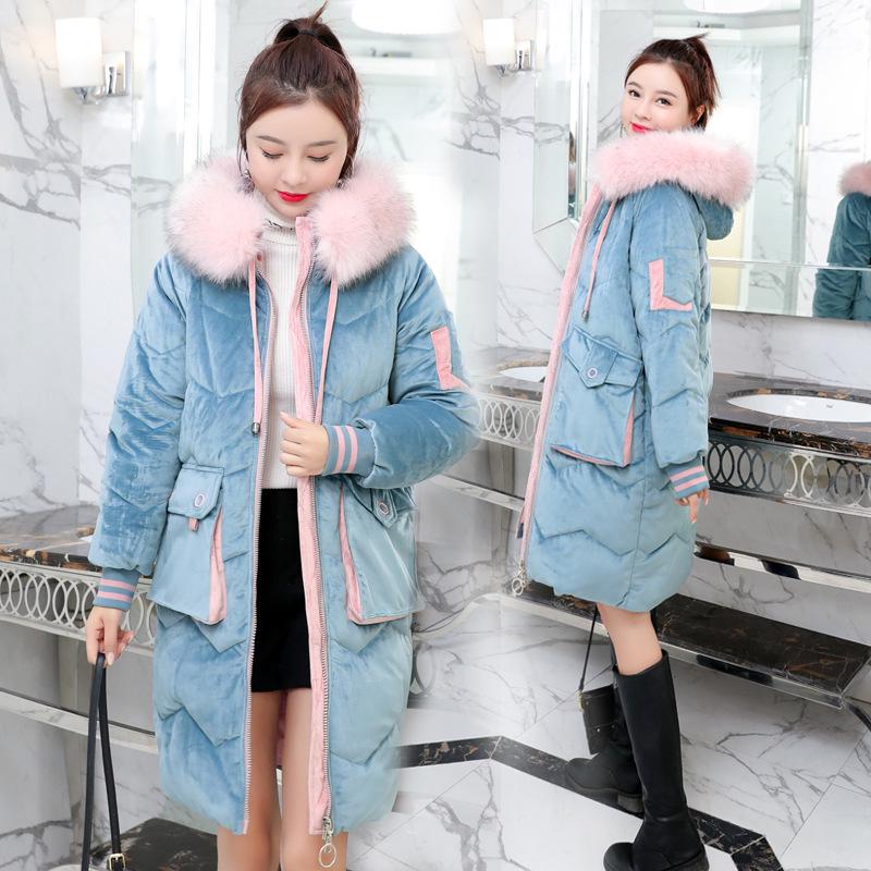 

Большой меховой воротник золотой бархат женская зимняя утолщенная большого размера хлопковая одежда приталенная женская студенческая хлопковая куртка XXXL