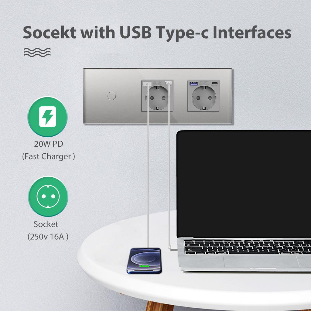 BSEED 1/2/3pólový dotykový vypínač světla 1pólový senzorový vypínač se zásuvkou EU USB Type-C 20W rychlé nabíjení Modré podsvícení Skleněný panel