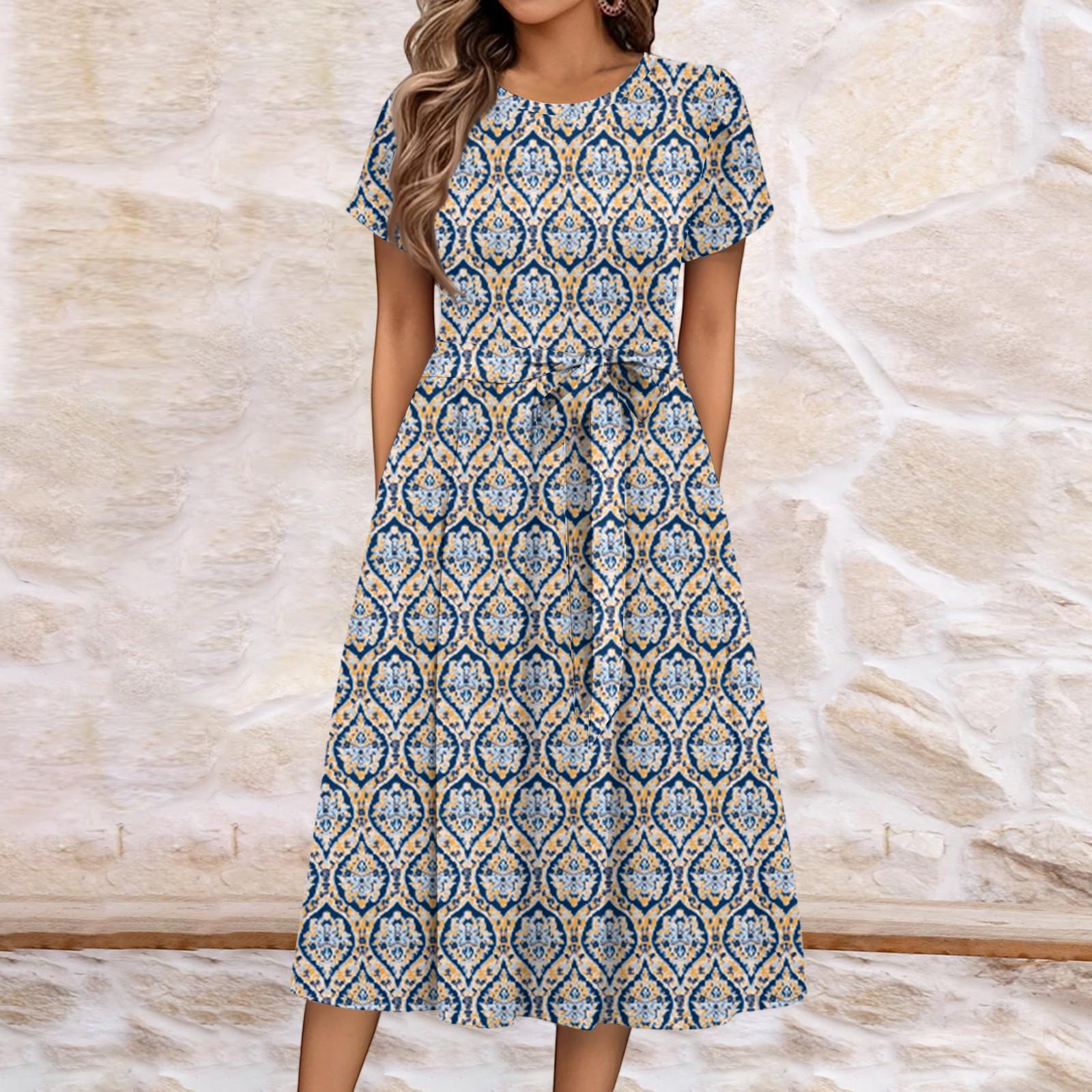 Women Casual Round Neck Short Sleeve Dress Bohemian Floral Print Midi Dress with Waist Tie Summer Loose Fit Dress M