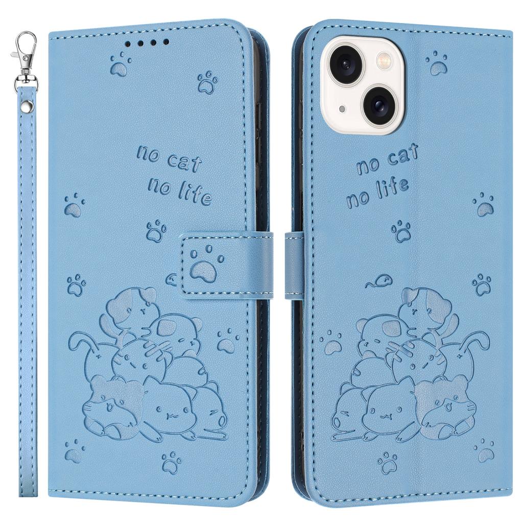 For iPhone 15 Plus/14 Plus Case with Strap Cats Imprint Leather Wallet Phone Cover