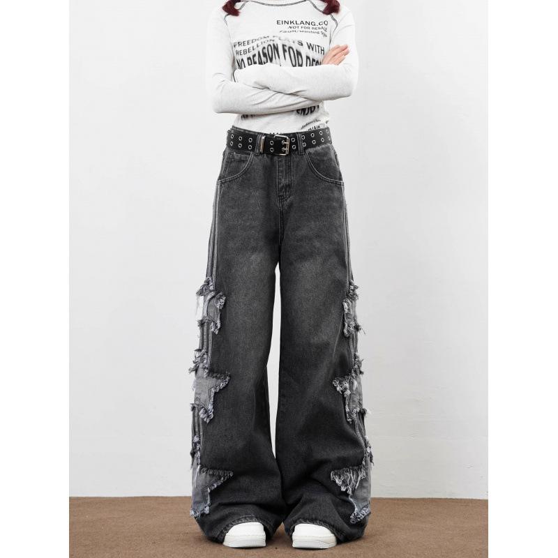 JYL Men's Wide-Leg Jeans American Star Patch Summer Loose Draped Floor-Length Denim