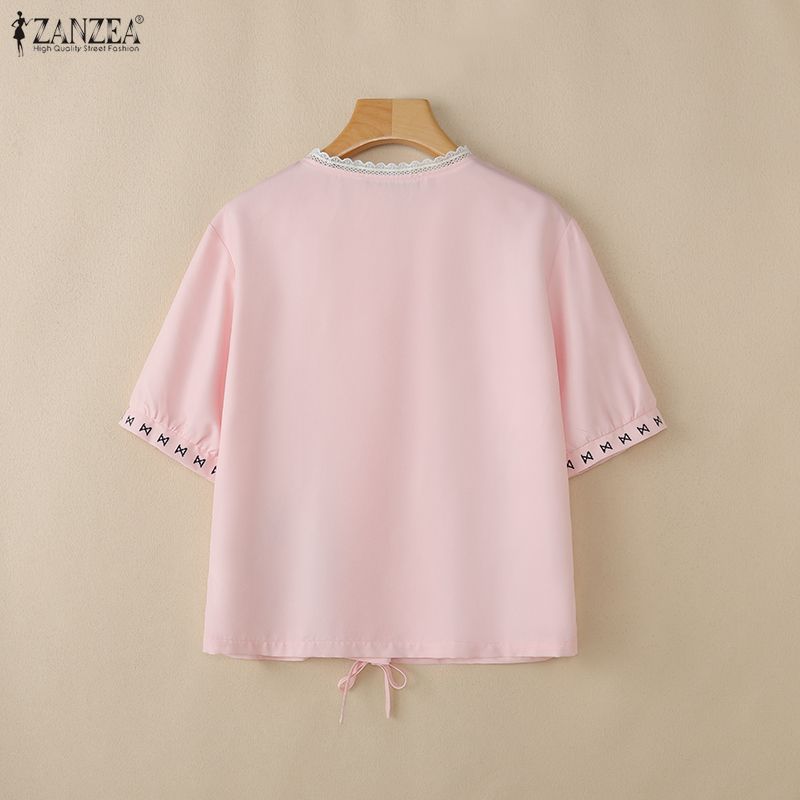 ZANZEA Women Casual Round Neck Loose Short Sleeve Floral Blouse