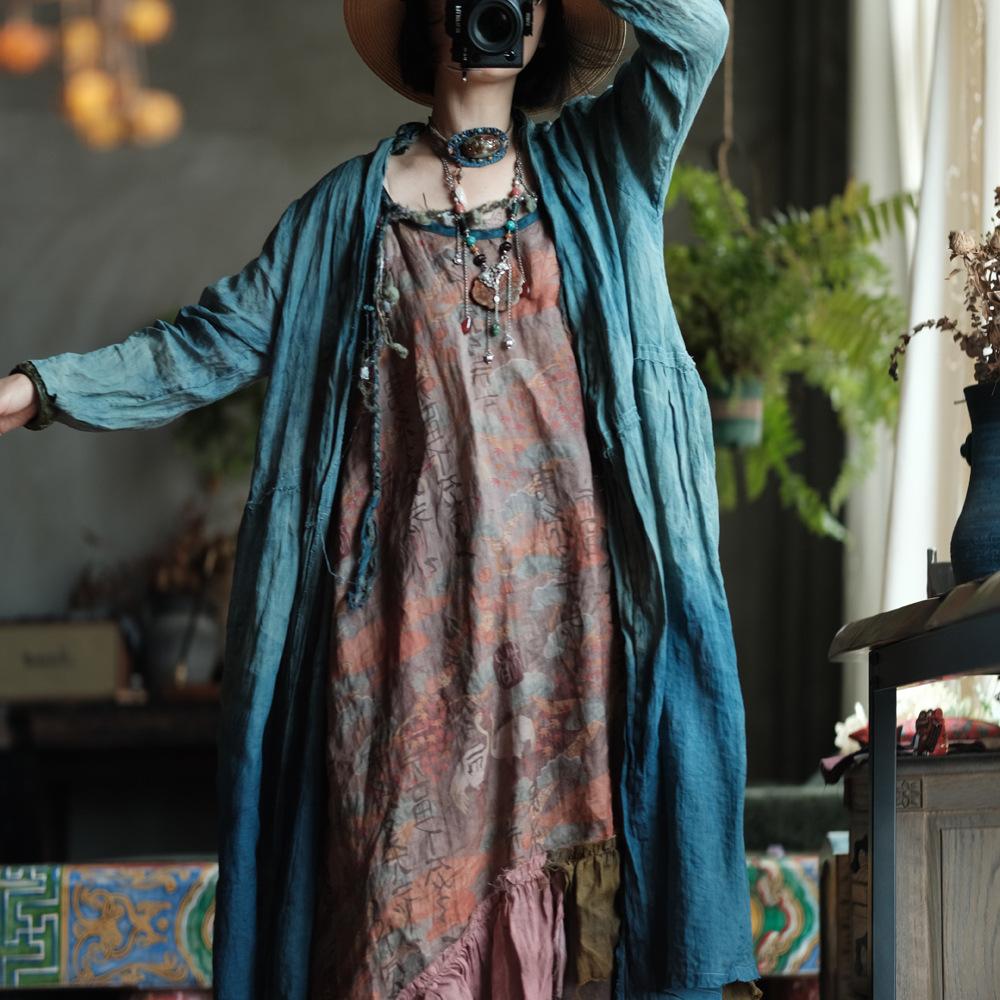 

Johnature Женские винтажные лоскутные пальто высокого качества, осенние, с длинным рукавом, в китайском стиле One Size синий